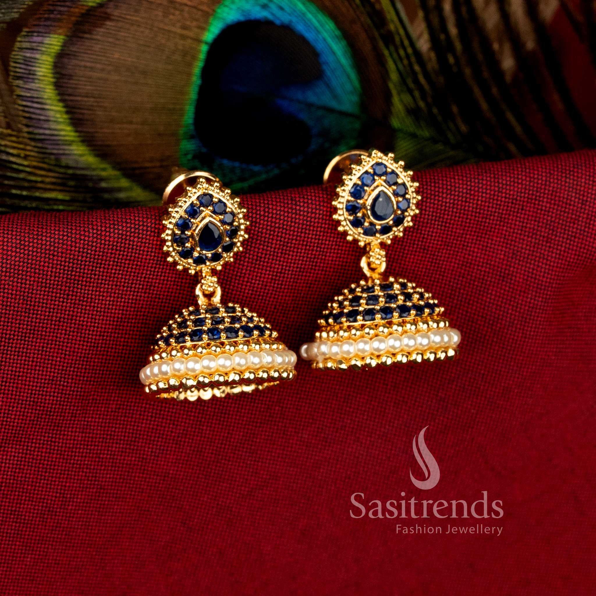Blue gleam micro gold plated teardrop jhumka earrings with pearl dome and American diamonds, perfect for festive celebration look – Sasitrends