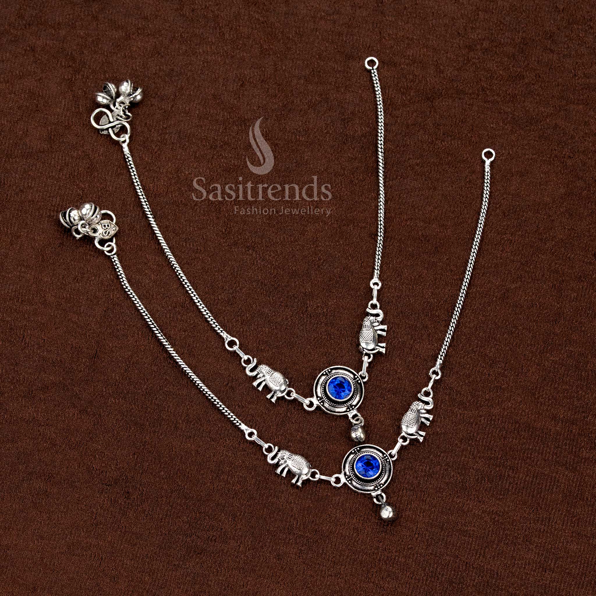 Azure glow oxidised Monalisa stone elephant anklets featuring circular patterns for stylish festive celebrations – Sasitrends