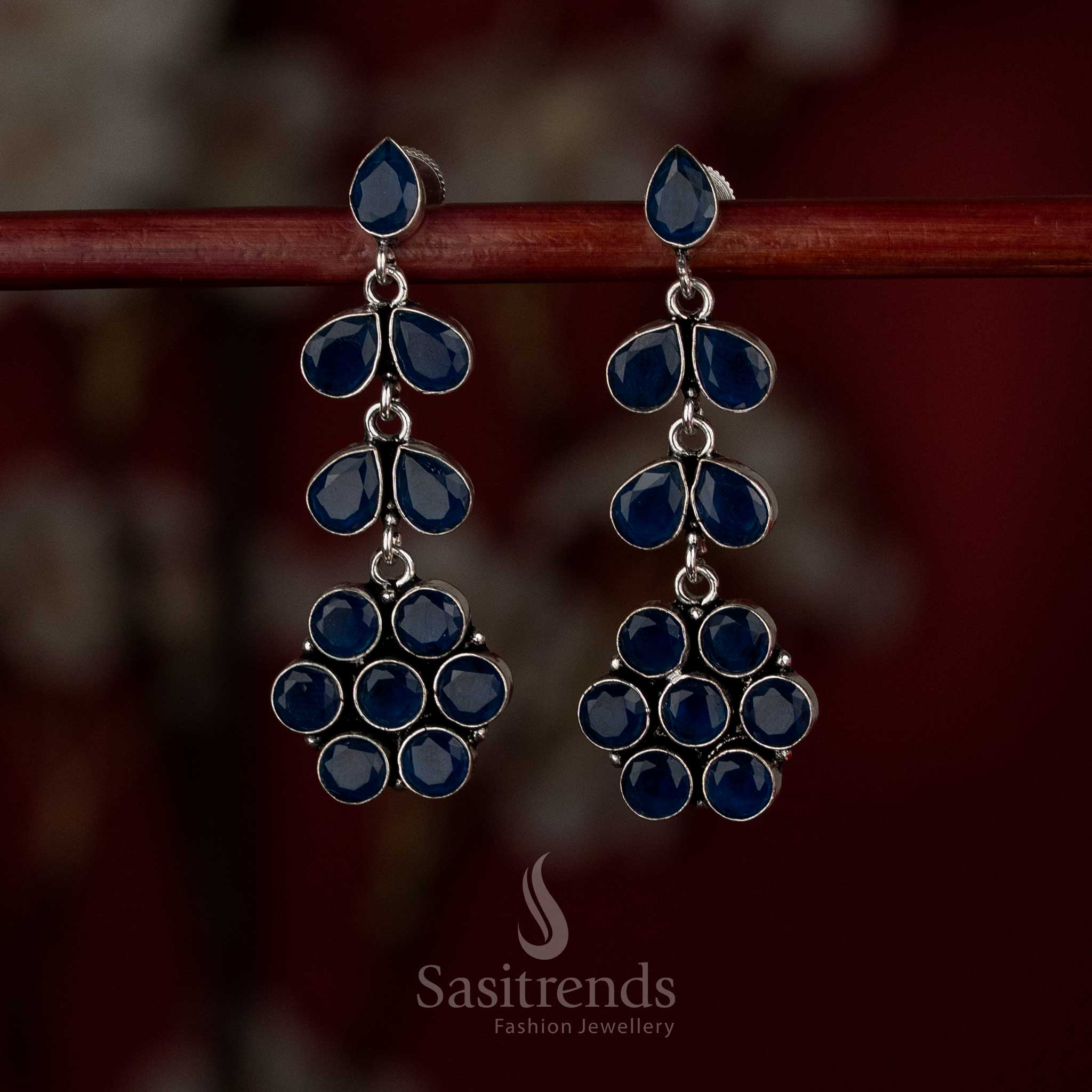 Deep blue oxidised layered floral stone earrings great for stylish daily outfits – Sasitrends
