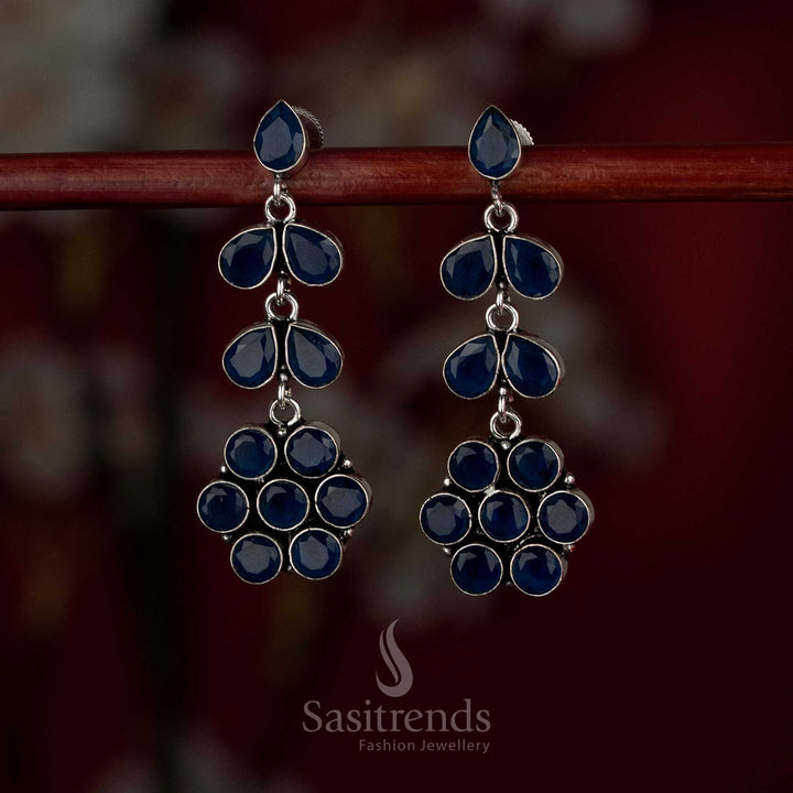 Deep blue oxidised layered floral stone earrings great for stylish daily outfits – Sasitrends