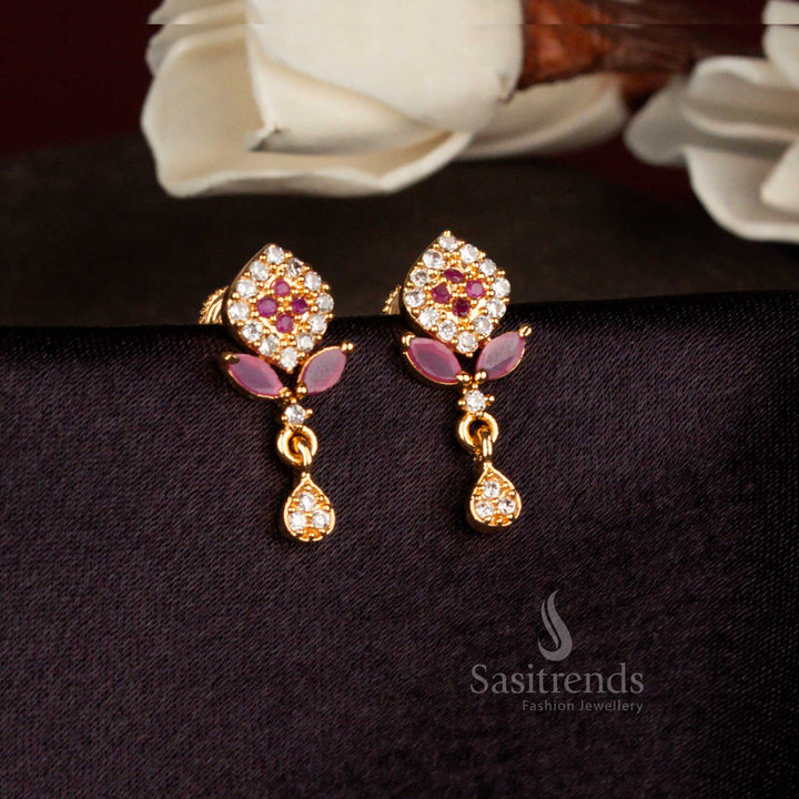 Heritage spark white ruby American diamond micro gold plated tulip floral drop stud earrings perfect for cultural occasions, family events, and elegant saree wear – Sasitrends