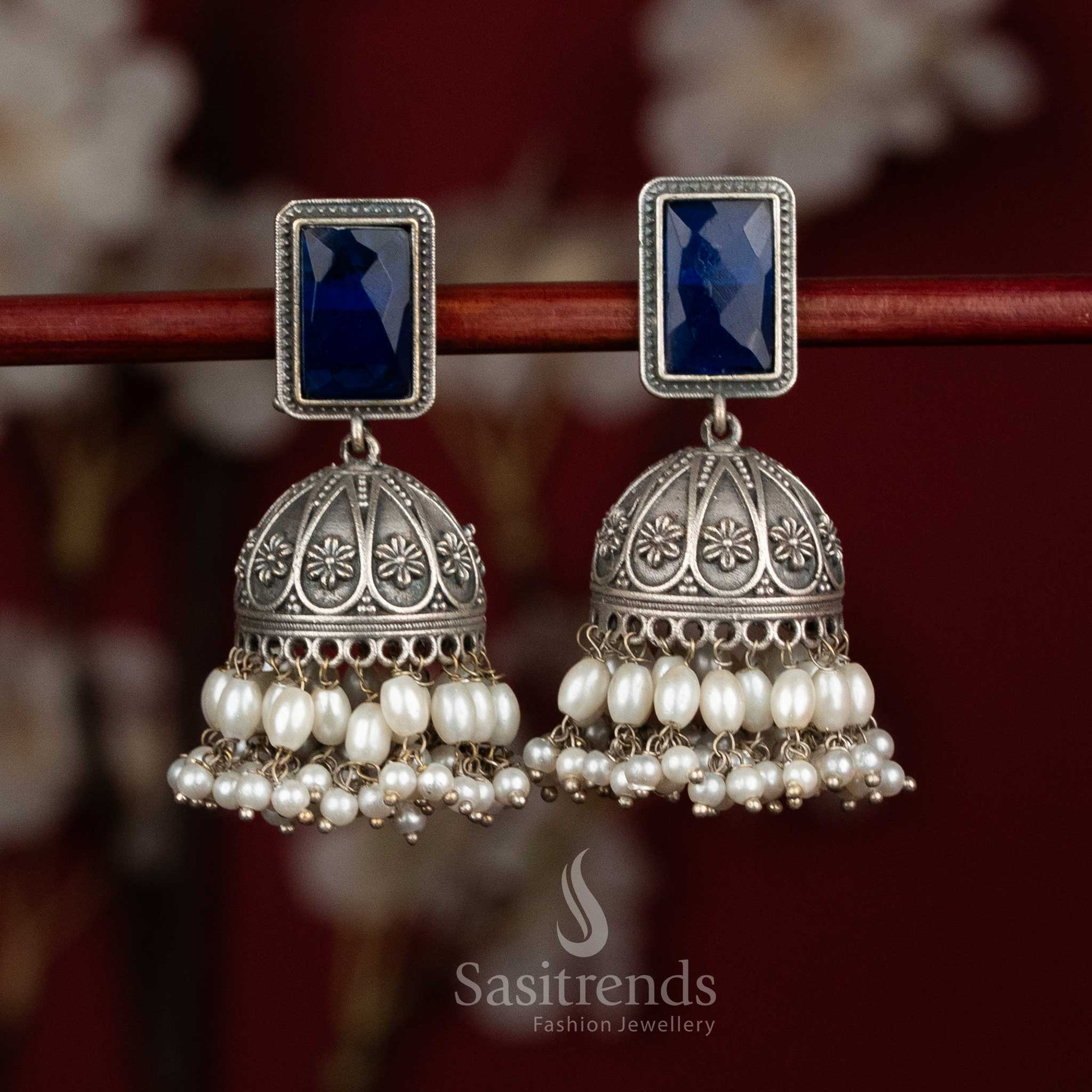 Royal depth oxidised 92.5 silver rectangular stud floral dome jhumka earrings with monalisa stones and rice pearls for party elegance - jewellery - Sasitrends