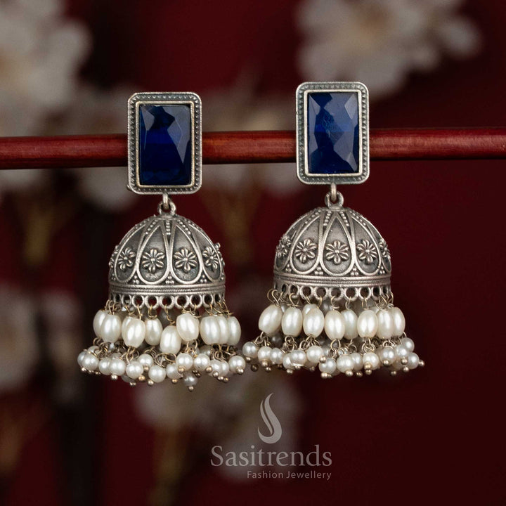 Royal depth oxidised 92.5 silver rectangular stud floral dome jhumka earrings with monalisa stones and rice pearls for party elegance - jewellery - Sasitrends