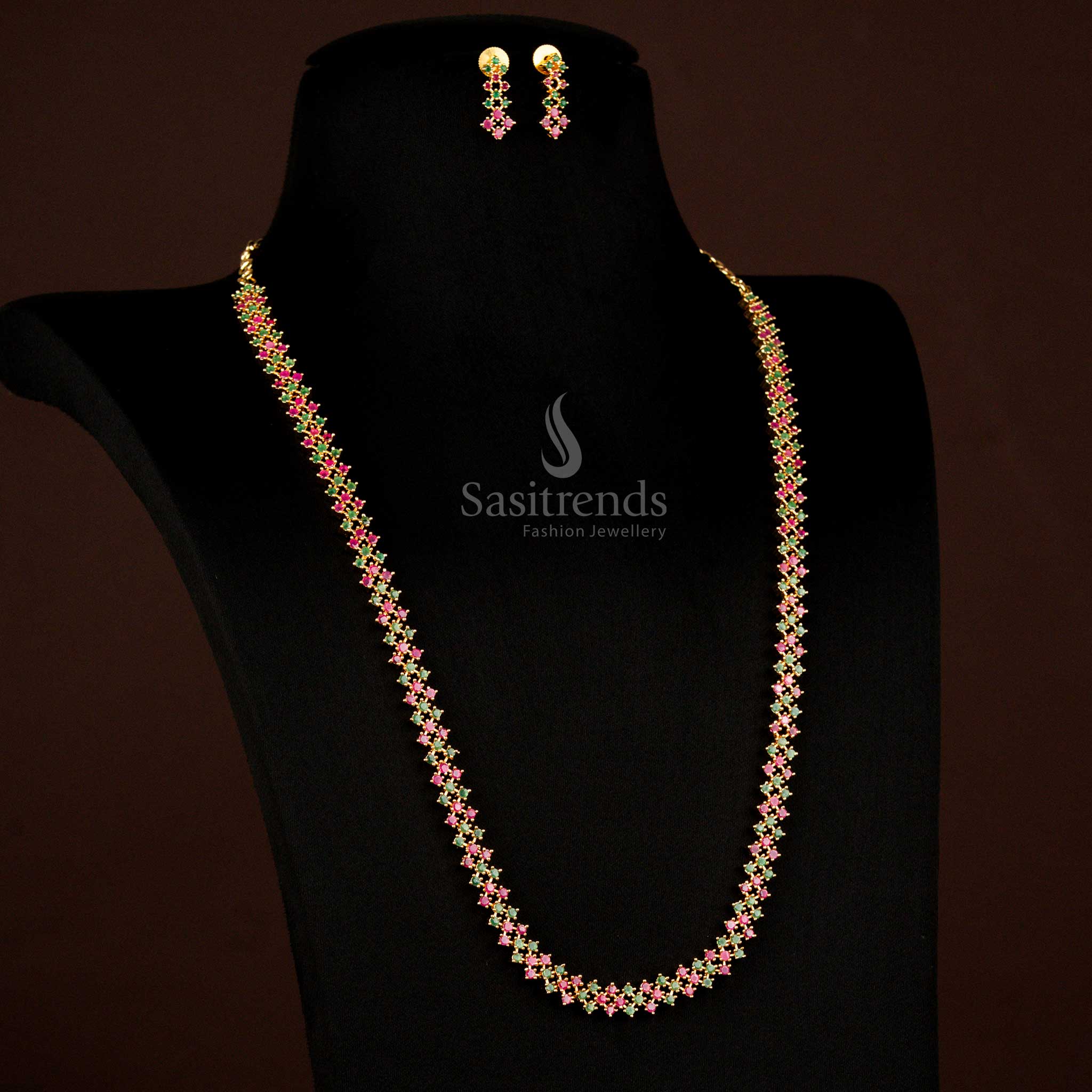 Dazzling American Diamond Micro Gold Plated Ruby-Green Jewellery Set With Geometric Cluster Design Designed For Traditional And Bridal Wear - Sasitrends