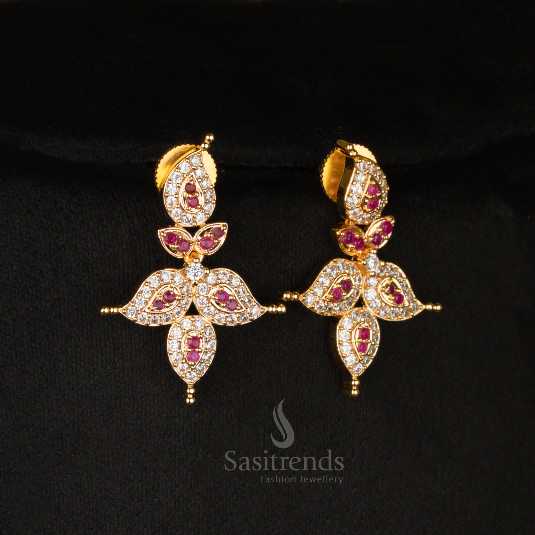 Ornate American Diamond micro gold plated short haram necklace earrings set, crafted with white and ruby stones, exuding timeless ethnic jewellery elegance - Sasitrends