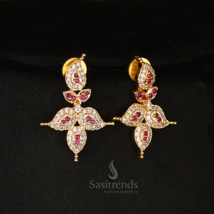 Ornate American Diamond micro gold plated short haram necklace earrings set, crafted with white and ruby stones, exuding timeless ethnic jewellery elegance - Sasitrends