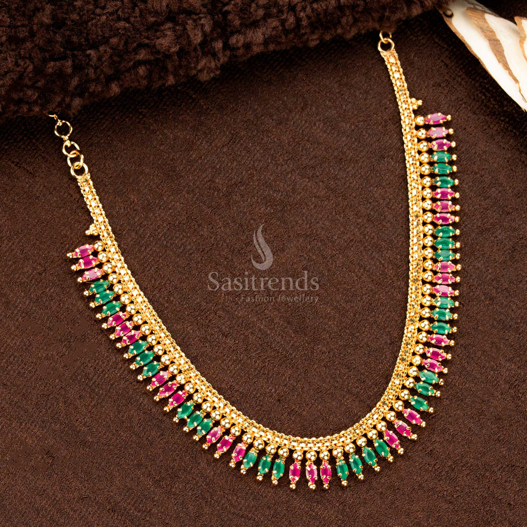 Majestic micro gold plated vertical drop necklace embellished with dazzling ruby-green AD stones and ornate ball motifs - Sasitrends