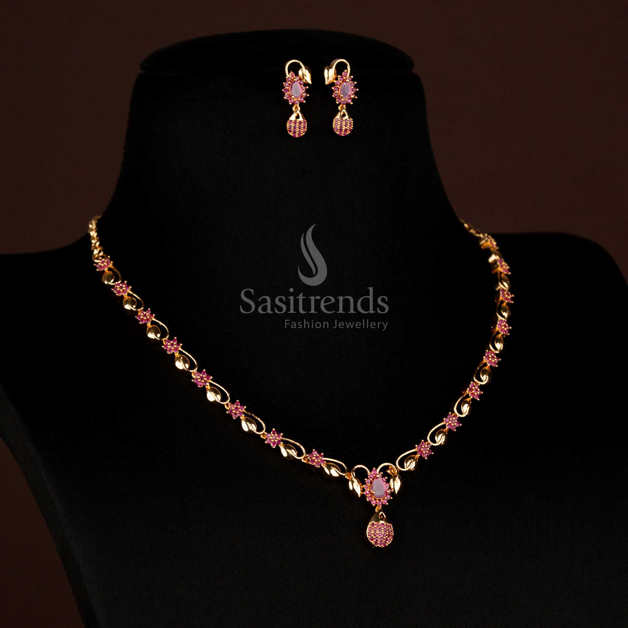 Passionate ruby micro gold plated American Diamond necklace with teardrop pendant, featuring rich ruby stones for luxurious traditional and festive occasions – Sasitrends