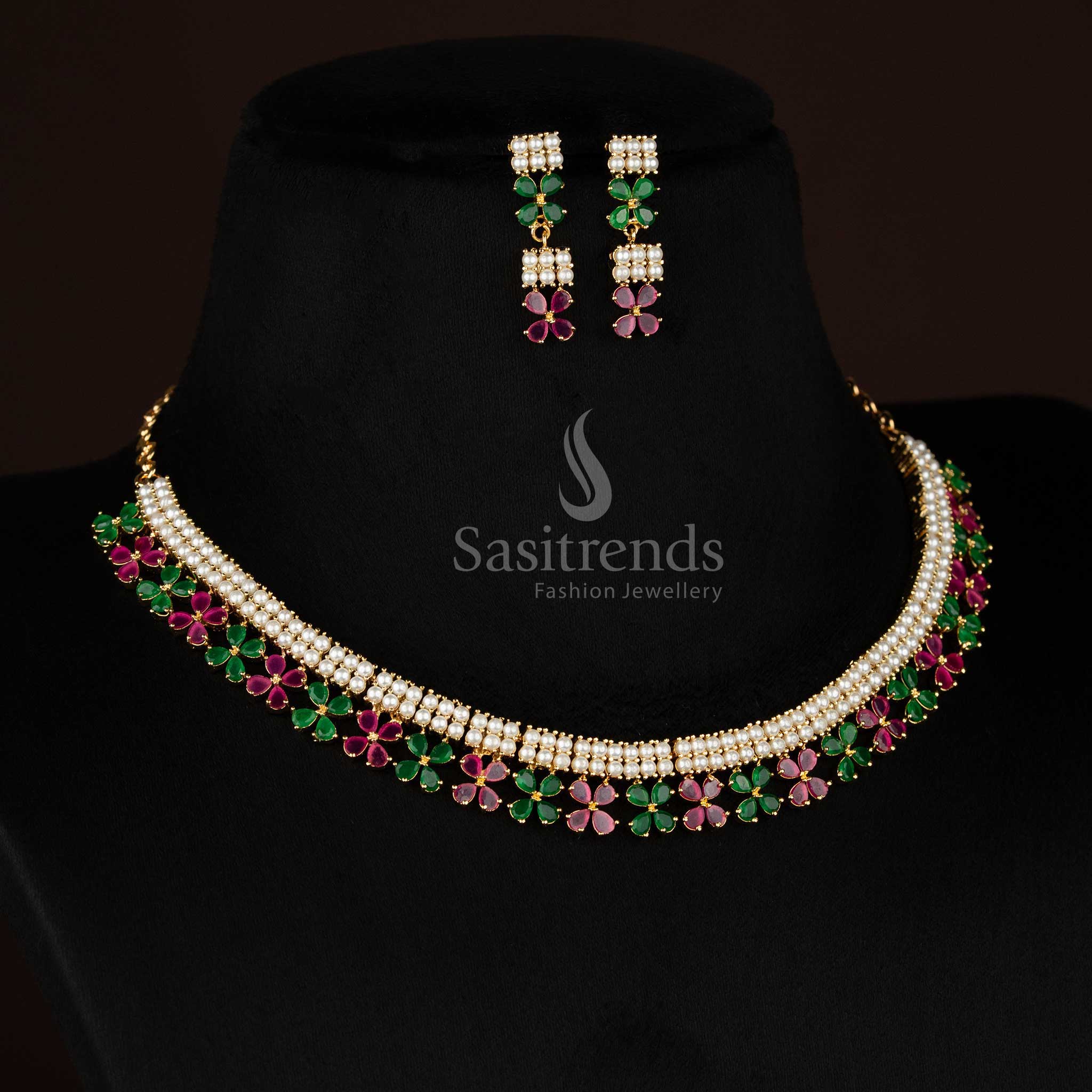 Opaline Charm micro gold plated pearl ruby green double linear necklace with four petal teardrop American diamonds ideal for celebration styling-Sasitrends
