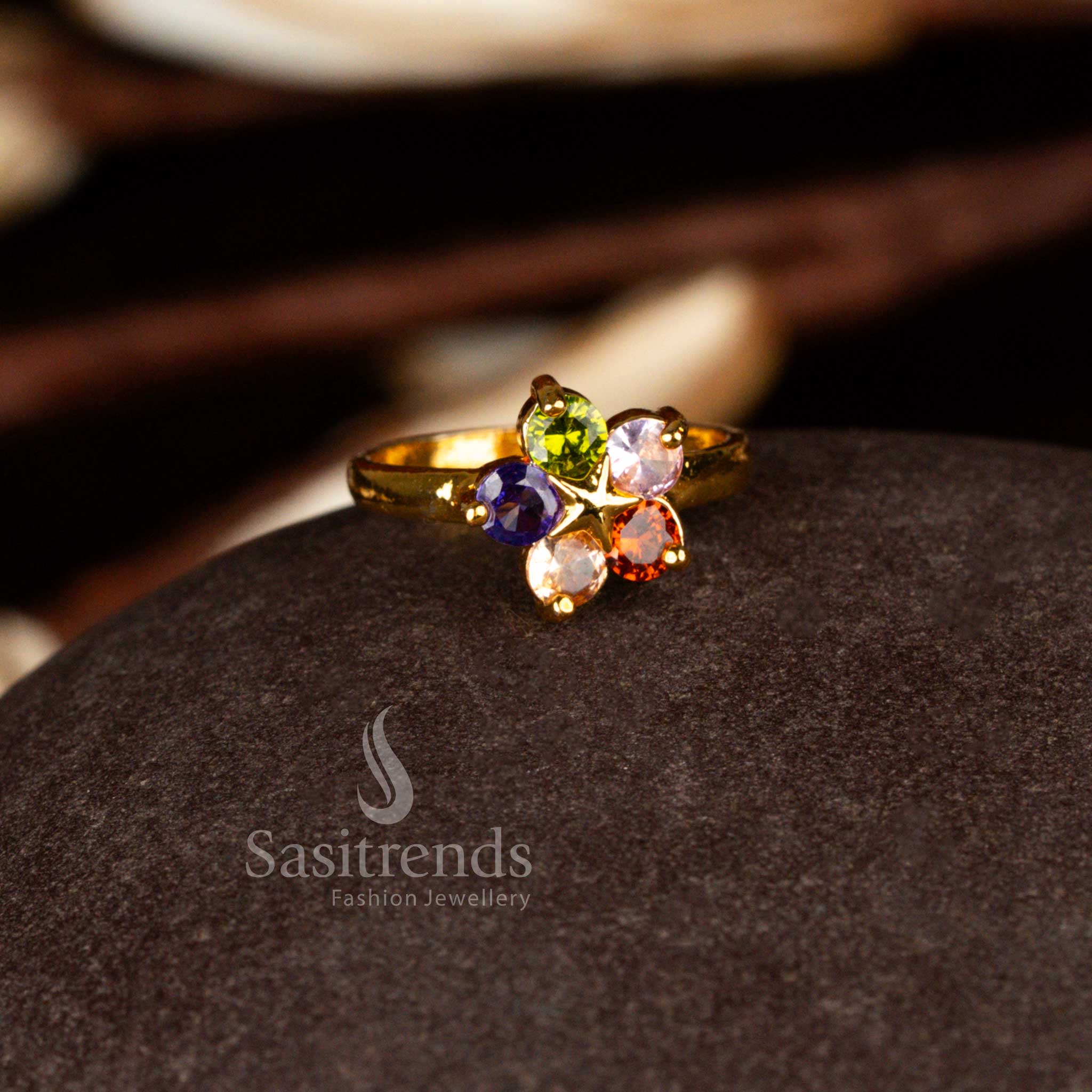 Festive brilliance micro gold plated AD multi stone floral ring showcasing colourful radiance suitable for cultural programs and traditional gatherings – Sasitrends