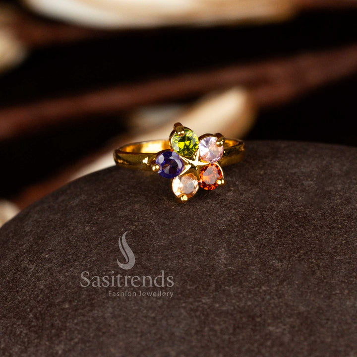 Festive brilliance micro gold plated AD multi stone floral ring showcasing colourful radiance suitable for cultural programs and traditional gatherings – Sasitrends