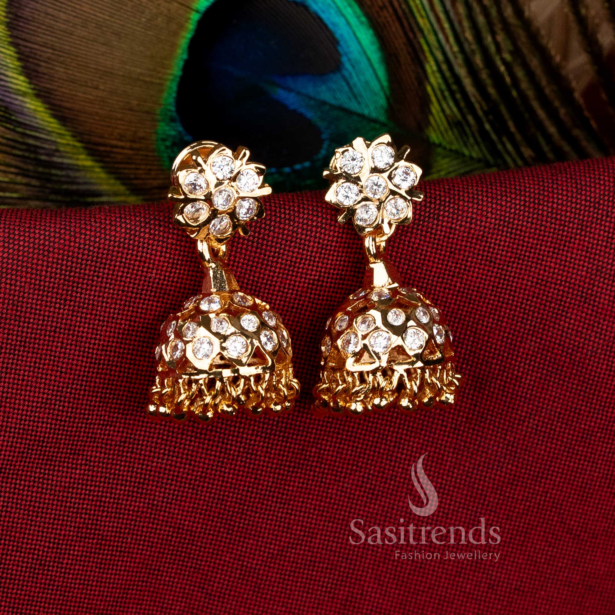 Impon Addigai 24k pure gold look micro gold plated white floral stud jhumka earrings for festive elegance – Sasitrends
