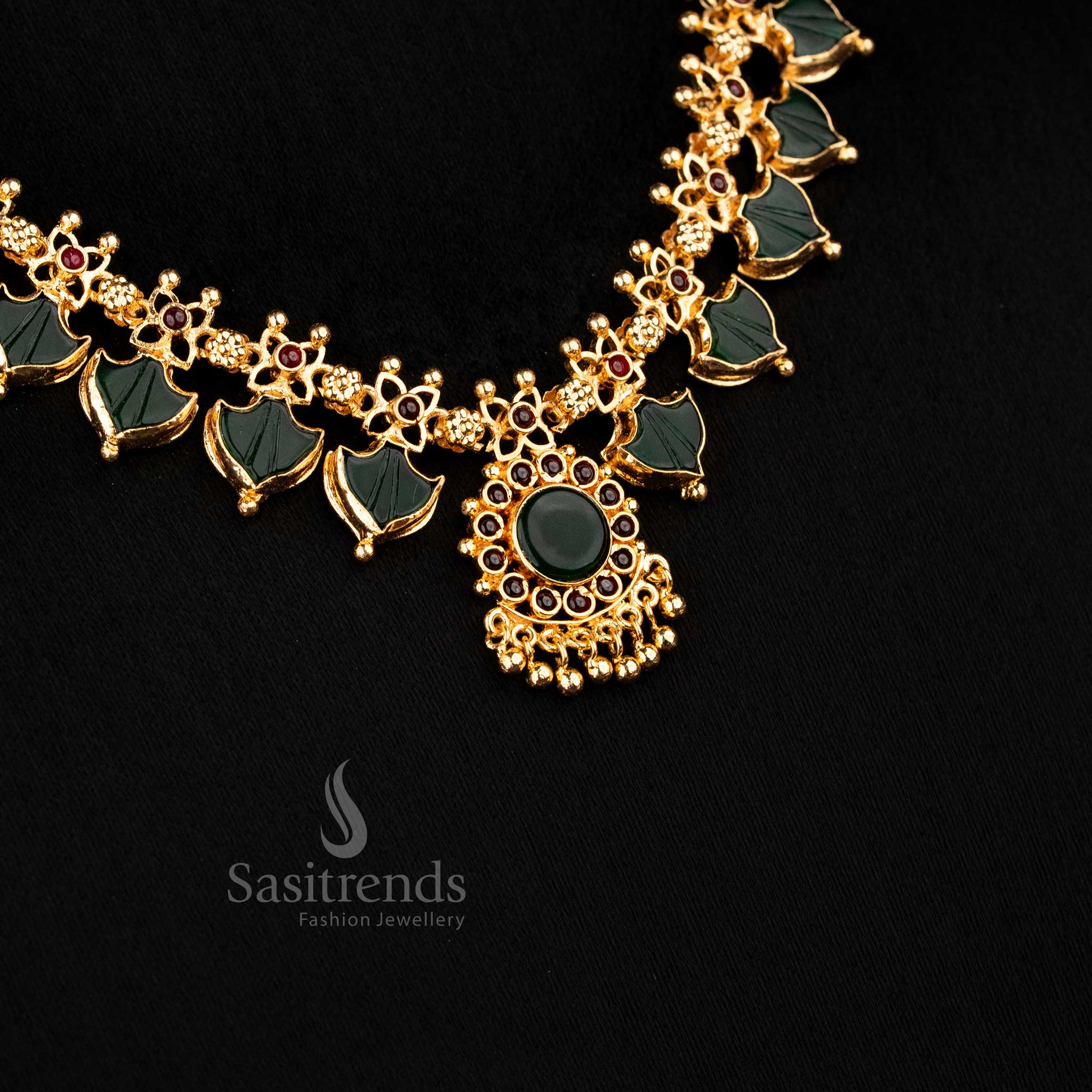 Elegant green micro gold plated AD Lakshmi Palakka necklace, perfect accessory for festive and traditional outfits - Sasitrends