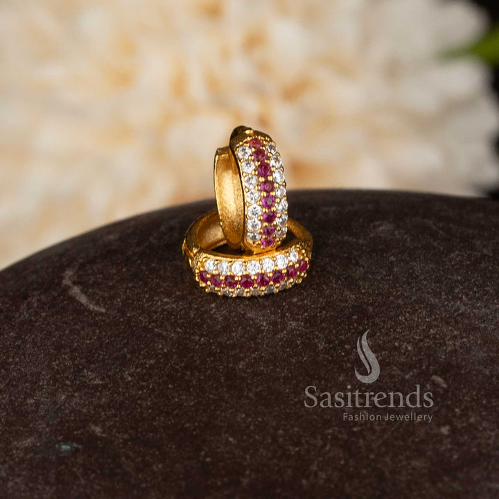 Elegant guaranteed micro gold plated AD ring style hinged studs earrings in white-ruby for women, suitable for cultural and traditional occasions – Sasitrends