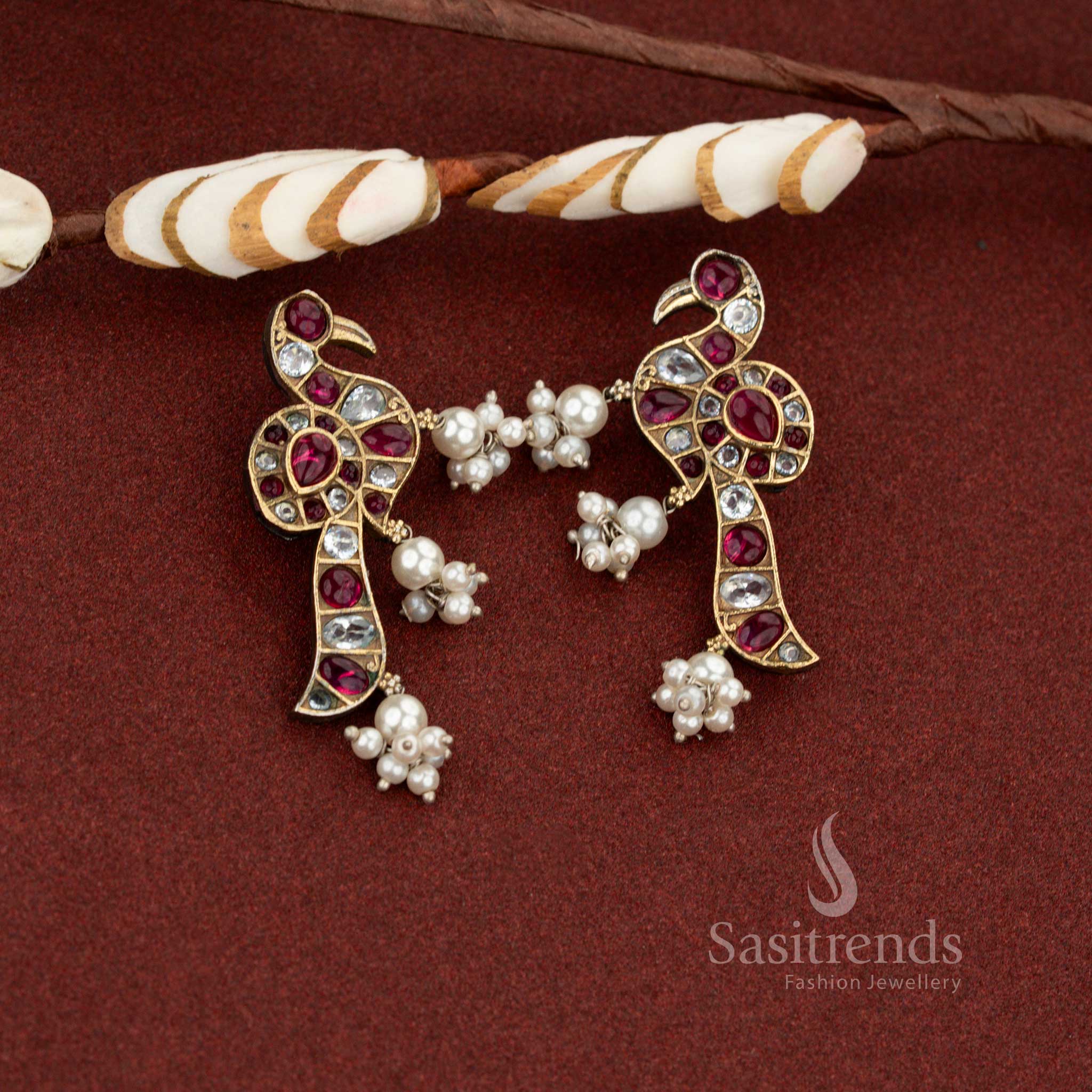 Classic temple white ruby antique oxidised peacock pearl drop stone earrings perfect for traditional ceremonies and saree wear – Sasitrends