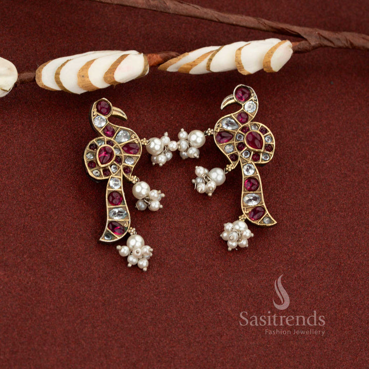 Classic temple white ruby antique oxidised peacock pearl drop stone earrings perfect for traditional ceremonies and saree wear – Sasitrends
