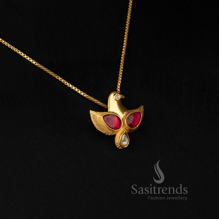 Luminous Jadau Kundan 24K gold plated ruby teen eagle pendant chain necklace ideal for cultural celebrations and ethnic attire -Sasitrends