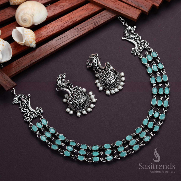 Three-Layered Oxidised German Silver Necklace with Pearl Jhumkas
