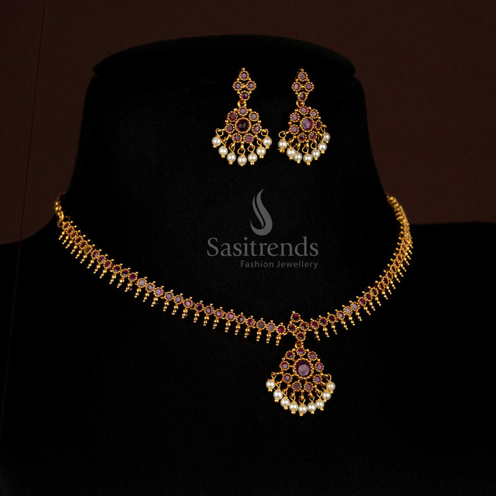 Opulent matte gold AD stone Necklace Jewellery set featuring ruby-hued circular floral patterns in dangle style, designed for temple ceremonies and festive celebrations – Sasitrends