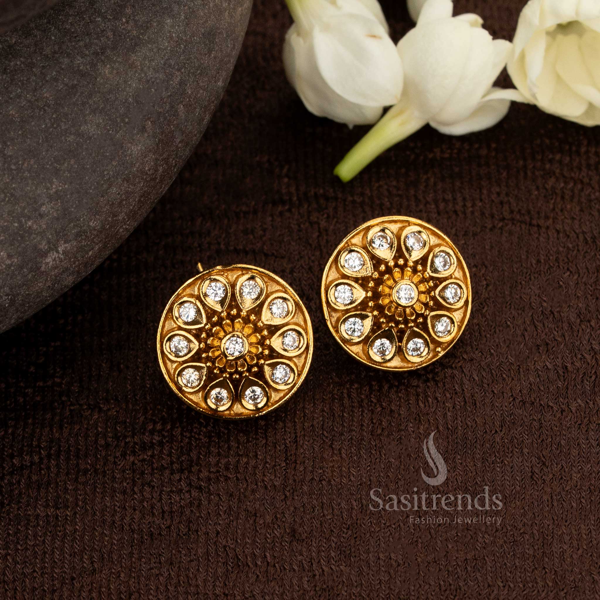 : Luxury White Stud Earrings With Matte Gold Finish And Sparkling American Diamond – Timeless Jewellery For Temple Visits And Regal Traditional Wear – Sasitrends