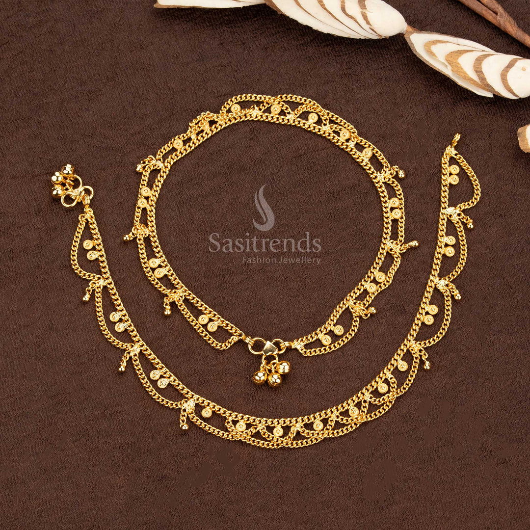 Heritage Style Micro Gold Plated Twin Layer Payal With Hanging Coins And Ornate Festive Detail Jewellery - Sasitrends