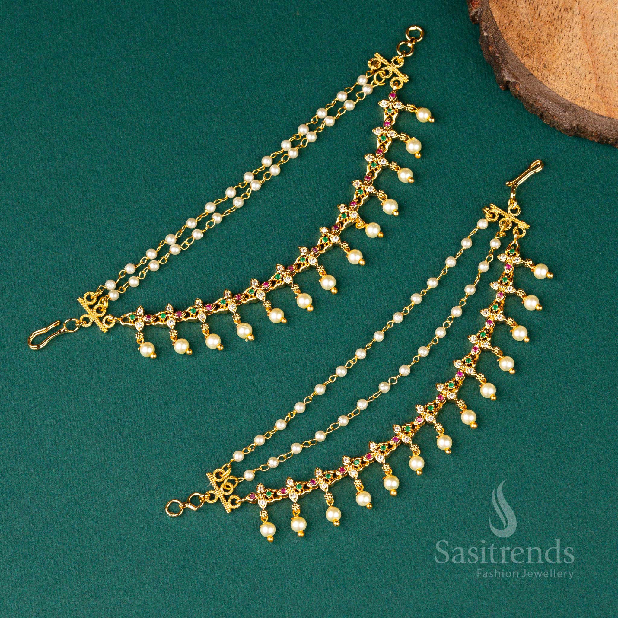 Graceful Micro Gold Plated AD Stone Pearl Matil Ear Chain, Elegant Handcrafted Jewellery Perfect For Classic Brides And Grand Celebrations – Sasitrends