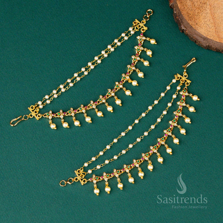 Graceful Micro Gold Plated AD Stone Pearl Matil Ear Chain, Elegant Handcrafted Jewellery Perfect For Classic Brides And Grand Celebrations – Sasitrends