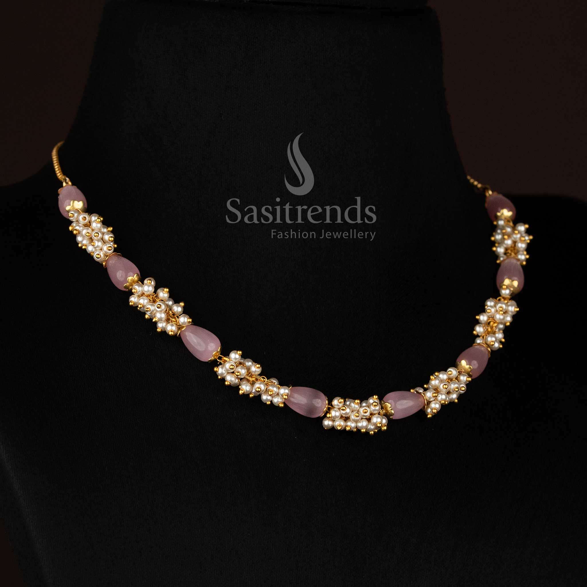 Blossom toned micro gold plated pink beads pearl cluster mala necklace created for engagement ceremonies and family functions-Sasitrends