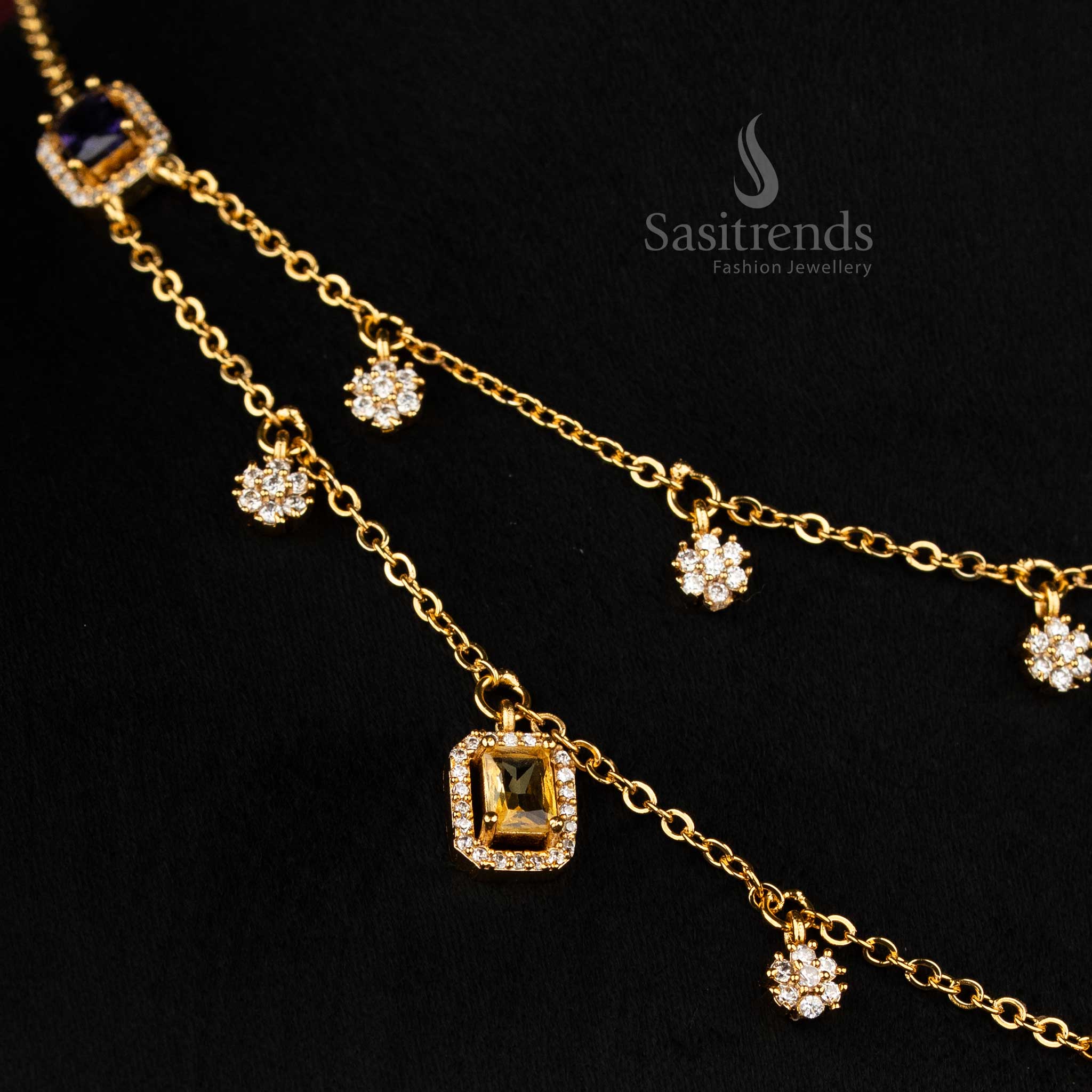 Heritage multi American diamond invisible matte gold plated floral double layer necklace set with rectangular stone detailing, graceful jewellery for festive ethnic styling - Sasitrends
