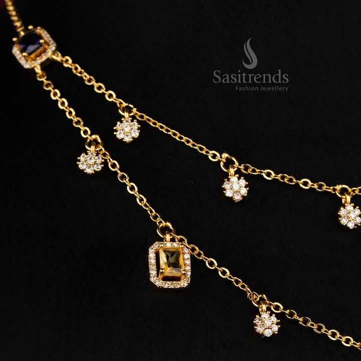 Heritage multi American diamond invisible matte gold plated floral double layer necklace set with rectangular stone detailing, graceful jewellery for festive ethnic styling - Sasitrends