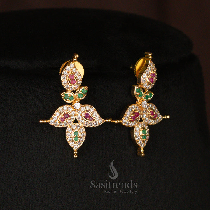 Luxurious multi-gem American Diamond gold plated mango leaf short haram necklace set, designed with grand ethnic appeal, featuring dazzling ruby, emerald, and sapphire-hued stones - Sasitrends