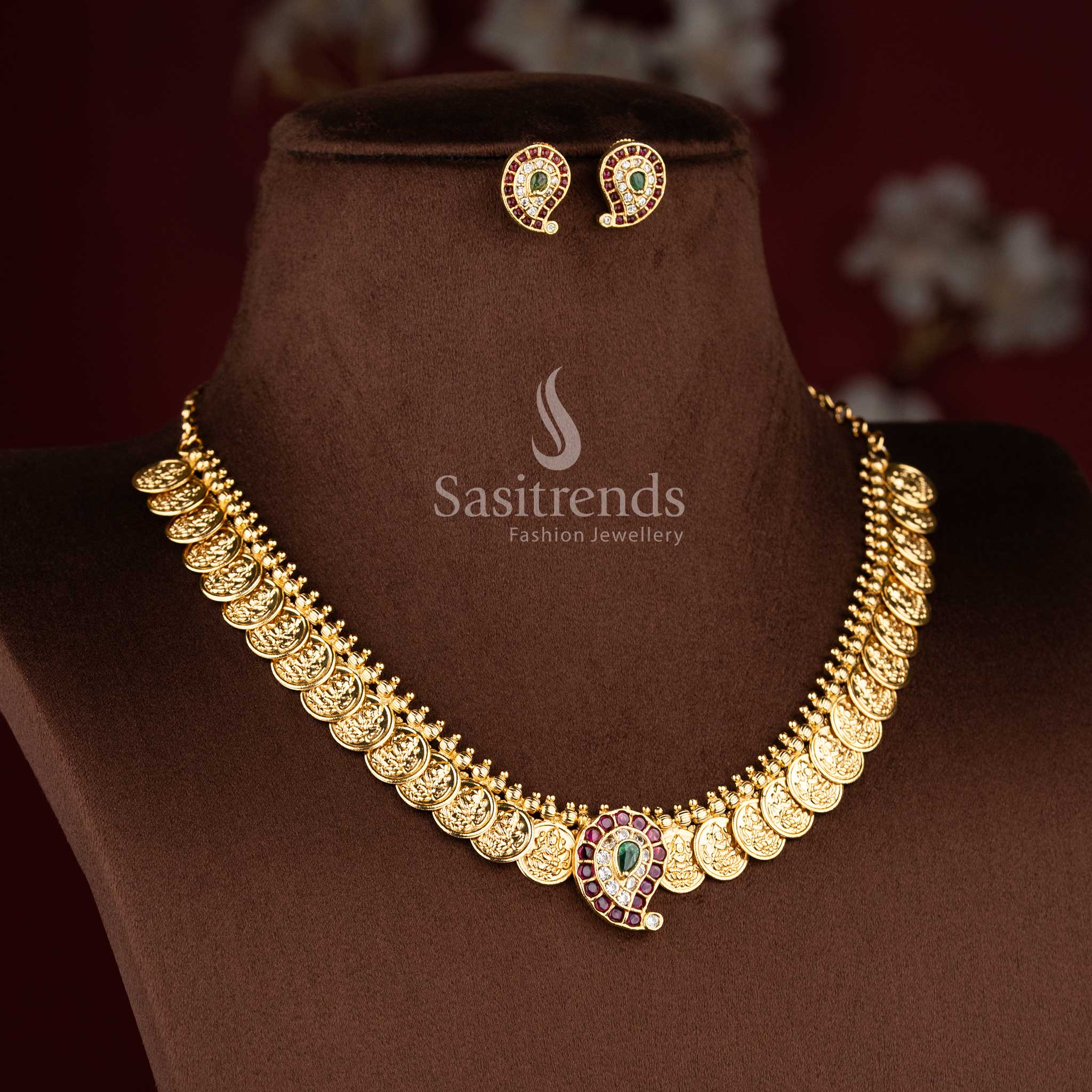 Radiant multi matte gold paisley Lakshmi short necklace set, stylish accessory for ethnic saree styling - Sasitrends