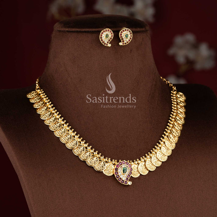 Radiant multi matte gold paisley Lakshmi short necklace set, stylish accessory for ethnic saree styling - Sasitrends