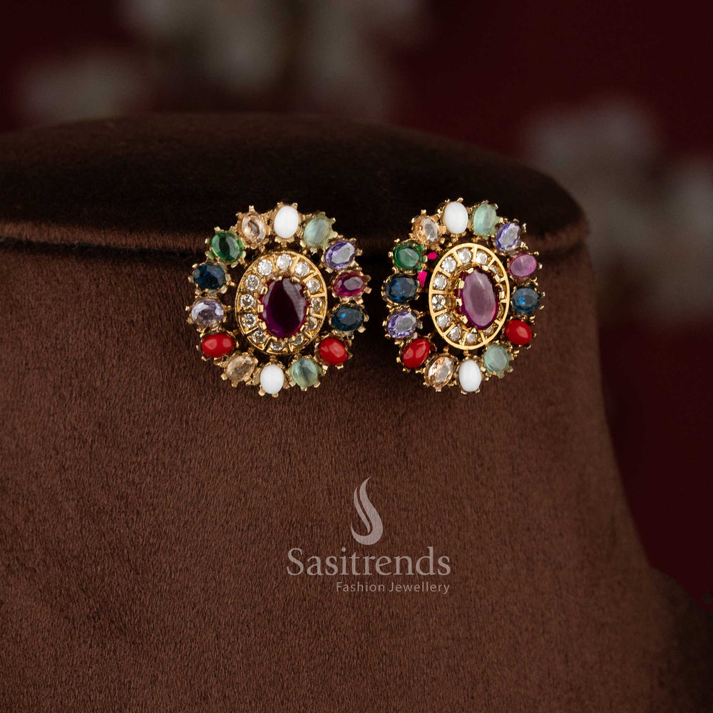 Graceful navarathna American diamond floral stud earrings, perfect accessory for cultural celebrations - Sasitrends