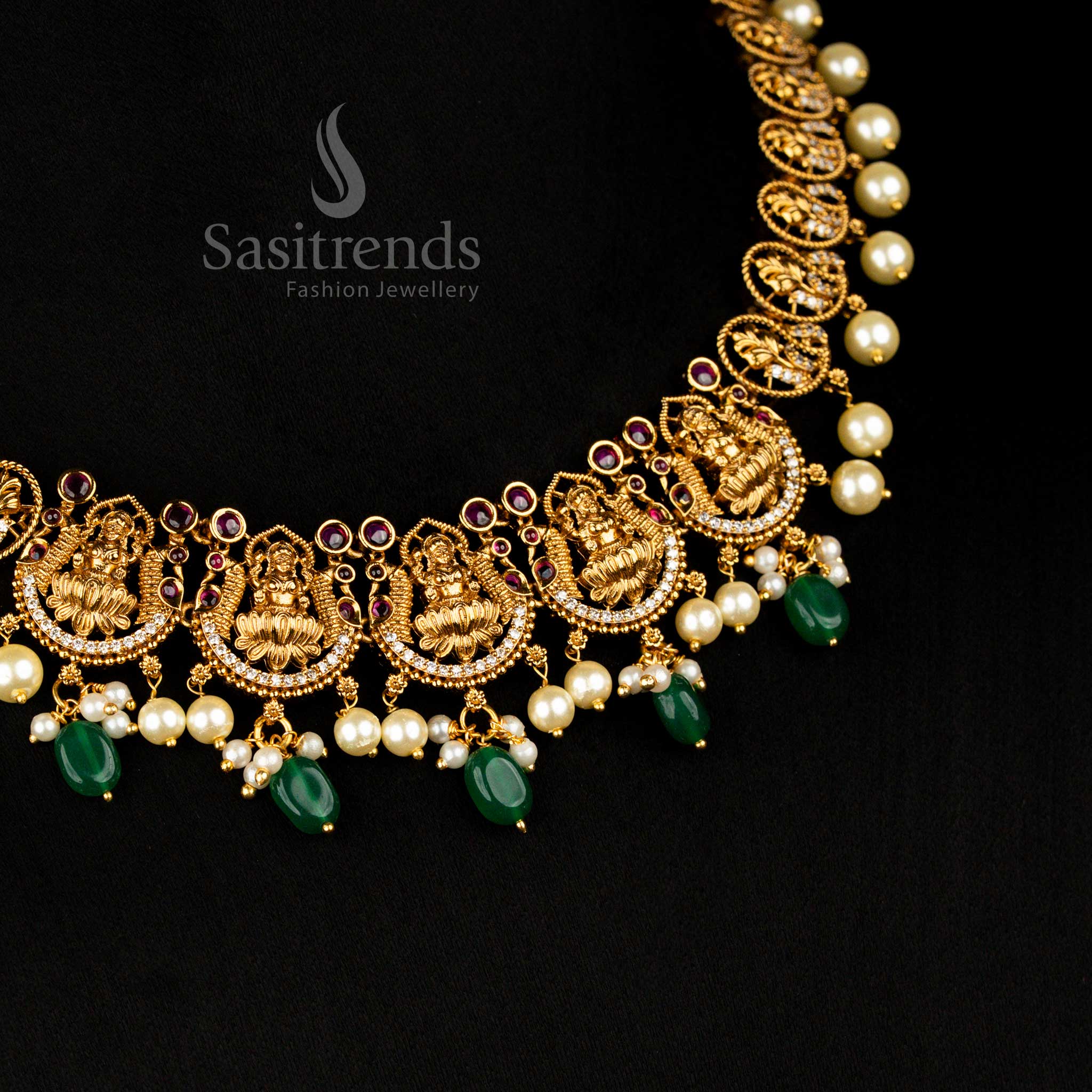 Premium Designer Matte Gold Lakshmi Temple Jewellery Set With White-Ruby Pearl And AD Stones Created For Cultural And Religious Events - Sasitrends