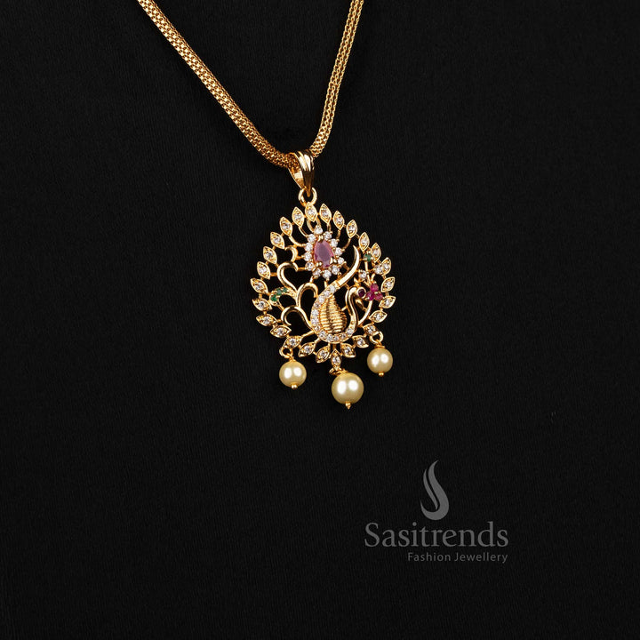 One Gram Micro Gold Plated Dancing Leafy Peacock Pendant with Stay-Flat Chain Necklace | Temple, Festive & Traditional Wear