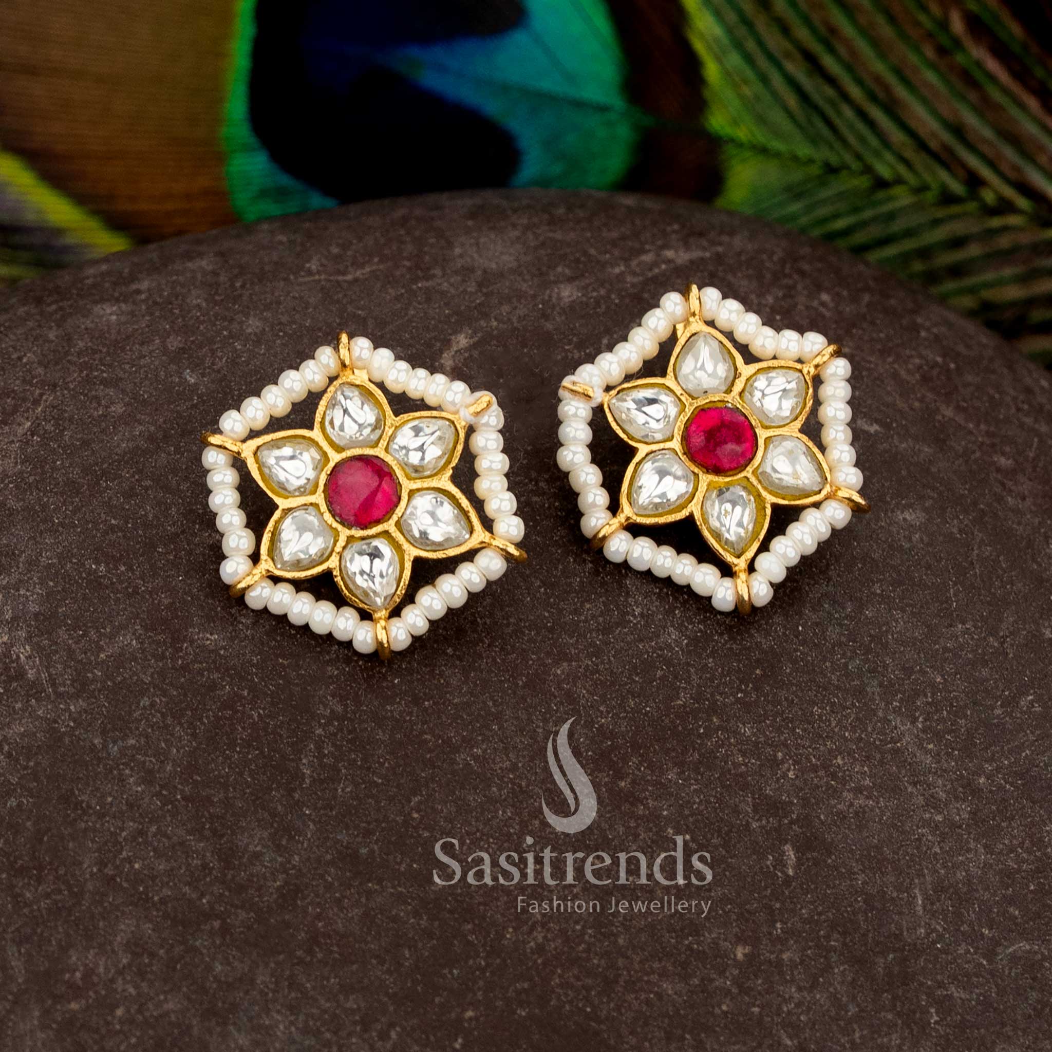 Ornate pearl white ruby Jadau gold plated hexagonal pearl Kundan stone bugadi earrings perfect for celebrations - Sasitrends