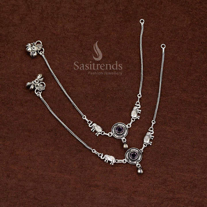 Violet mystique oxidised Monalisa stone elephant anklets featuring circular patterns for stylish festive and cultural styling – Sasitrends