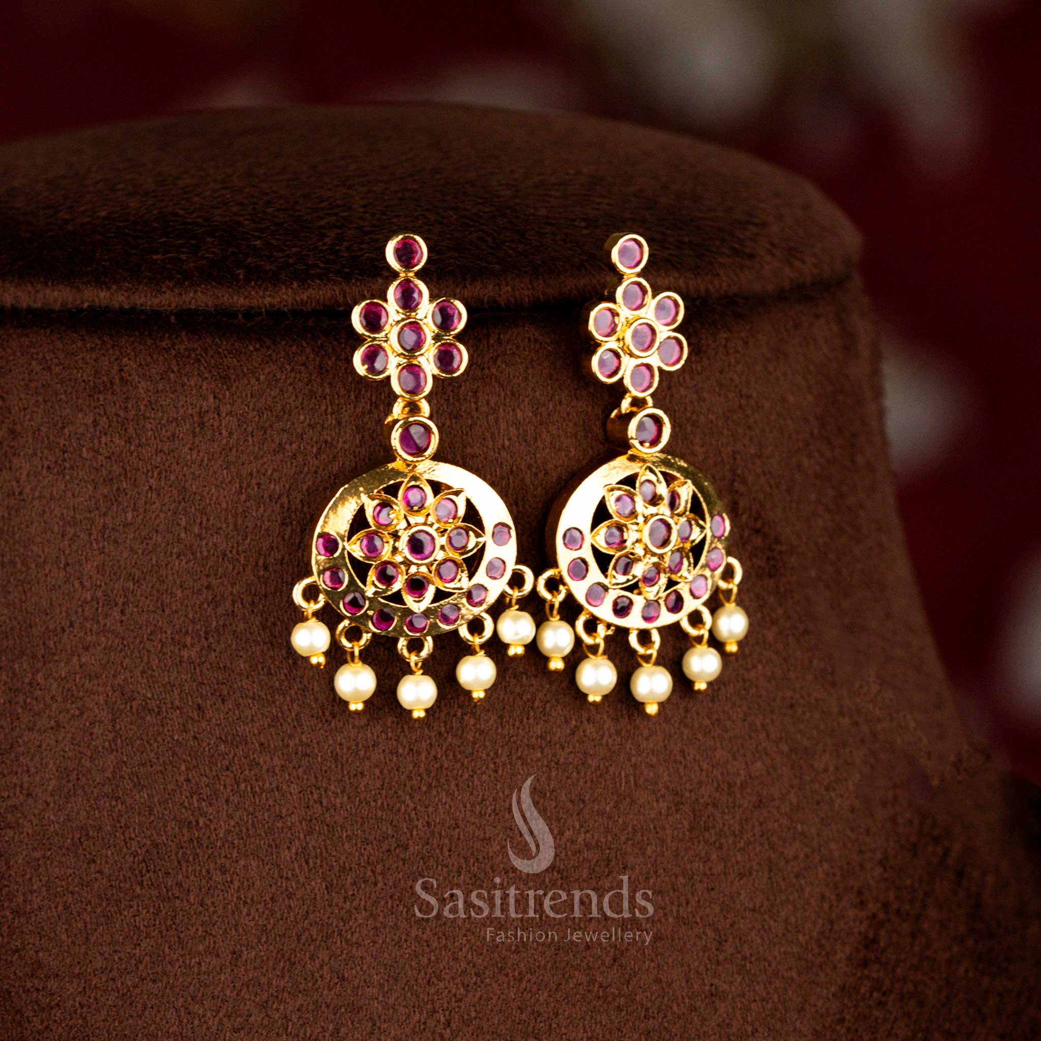 Royal ruby American diamond matte gold plated traditional attigai floral stone necklace and earrings set offering luxurious festive shine for marriage ceremonies and temple functions – Sasitrends