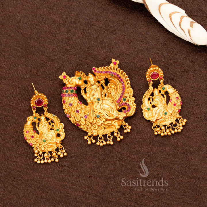Temple matte gold plated Lakshmi pendant with peacock design and jewelled earrings, perfect for cultural and festive celebrations – Sasitrends
