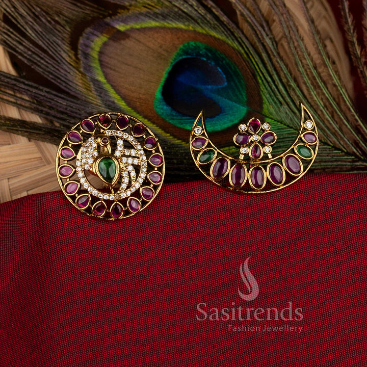 Exquisite temple matte gold plated peacock floral crescent jadai billai hair accessories with ruby-multi stones, blending timeless tradition and ornate elegance for bridal hairstyle beauty by Sasitrends
