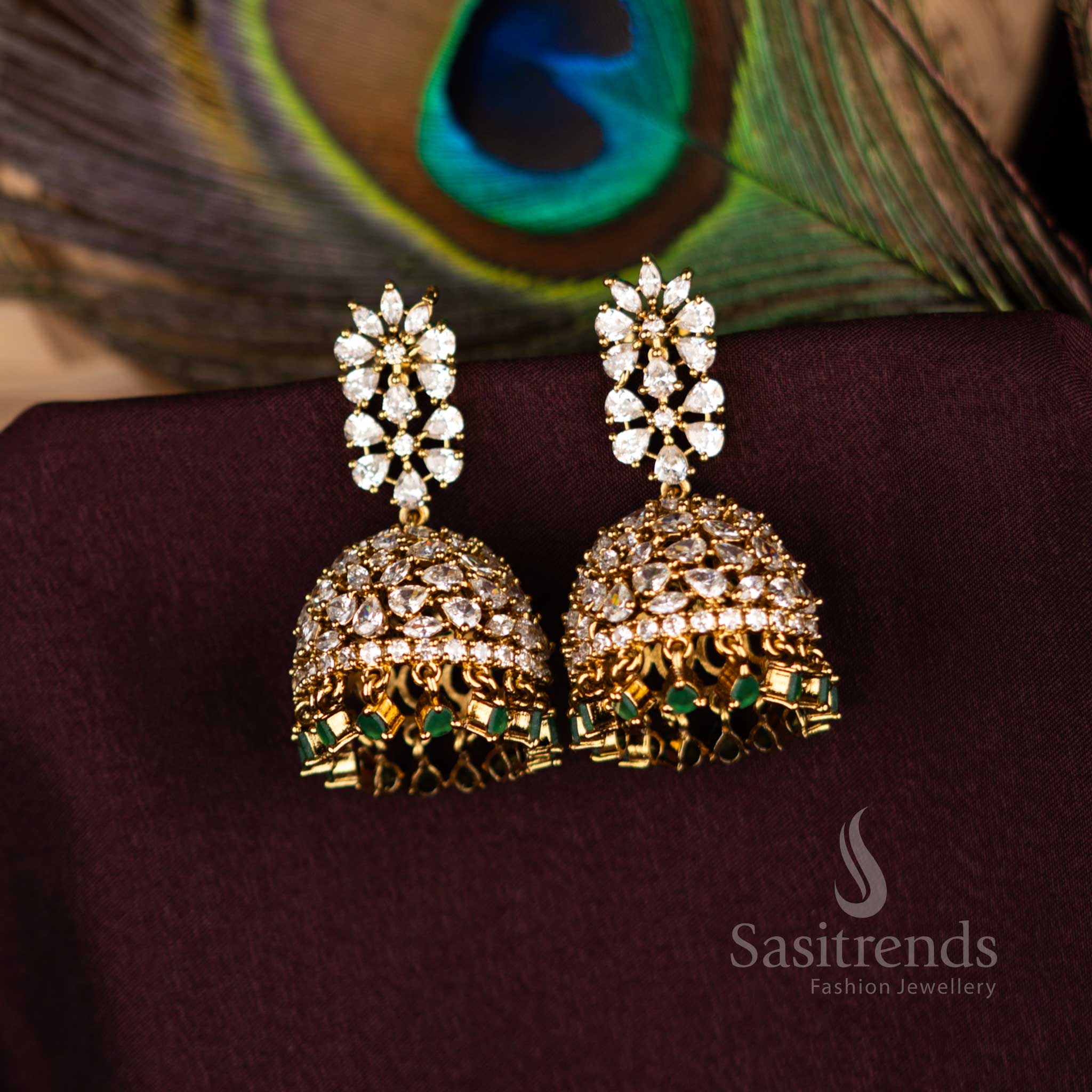 Elegant Victorian Green American Diamond Jhumka Earrings With Floral Dome Pattern Designed For Bridal And Cultural Occasions - Sasitrends