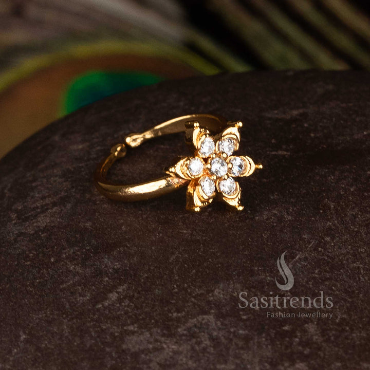 Elegant adjustable Panchaloha Impon Addigai micro gold plated rings adorned with American Diamond stones for traditional saree finger wear jewellery – Sasitrends