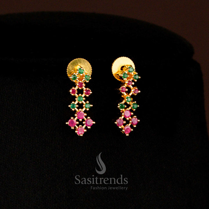 Elegant Micro Gold Plated Ruby-Green American Diamond Earrings Featuring Geometric Cluster Design Perfect For Wedding And Cultural Events - Sasitrends