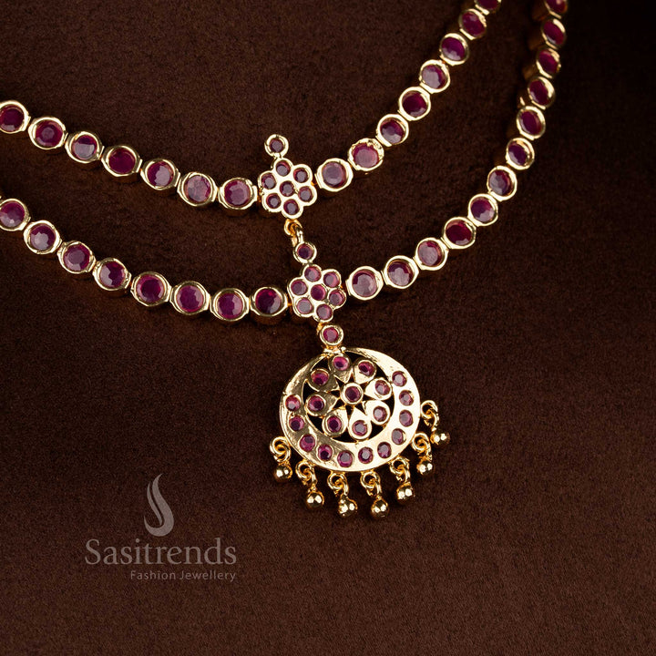 Opulent guaranteed micro gold plated crescent floral round stone pendant two-layer attigai necklace set for ruby traditional splendour jewellery - Sasitrends