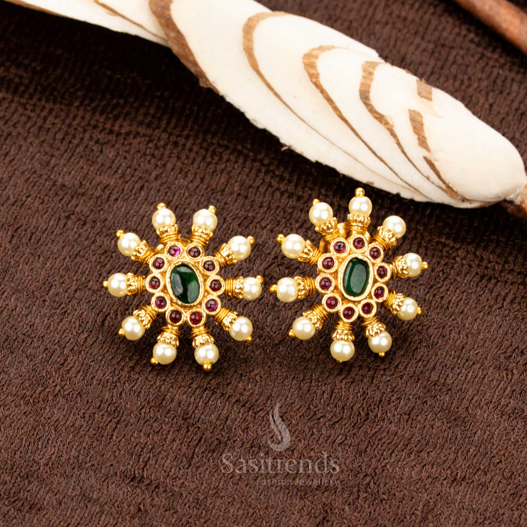Elegant temple matte gold finish oval pearl stud earrings with intricate detailing, a versatile jewellery piece perfect for weddings, festive occasions, and everyday ethnic fashion - Sasitrends