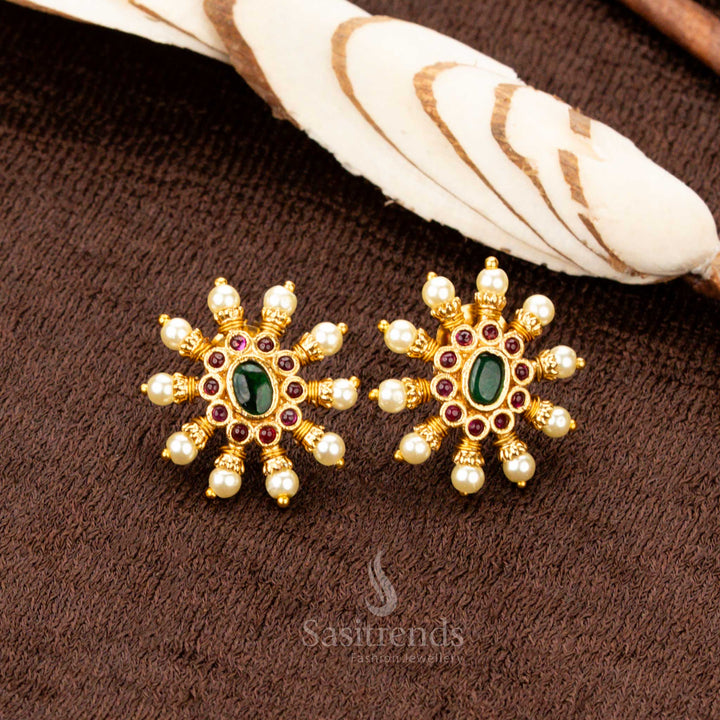 Trendy Temple Matte Gold Finish Oval Pearl Stud Earrings for Every Occasion | Sasitrends