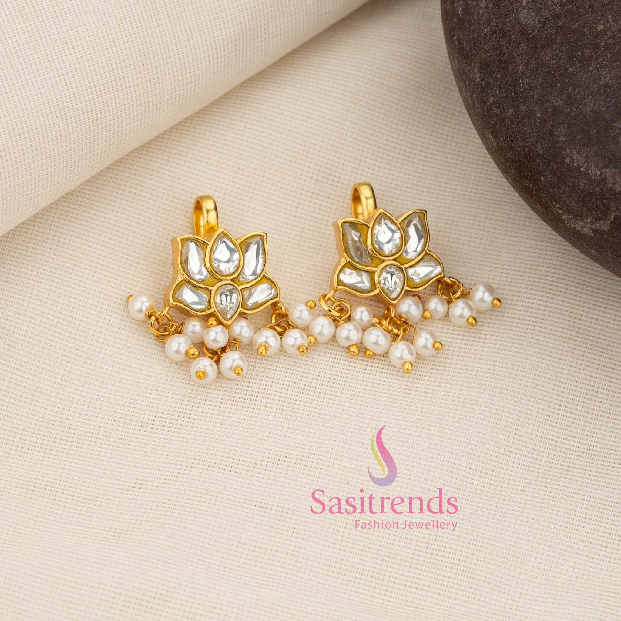 Exquisite 24K Jadau Kundan gold plated white lotus motif bugadi earcuff with elegant pearl hangings for graceful South Indian traditional jewellery styling – Sasitrends