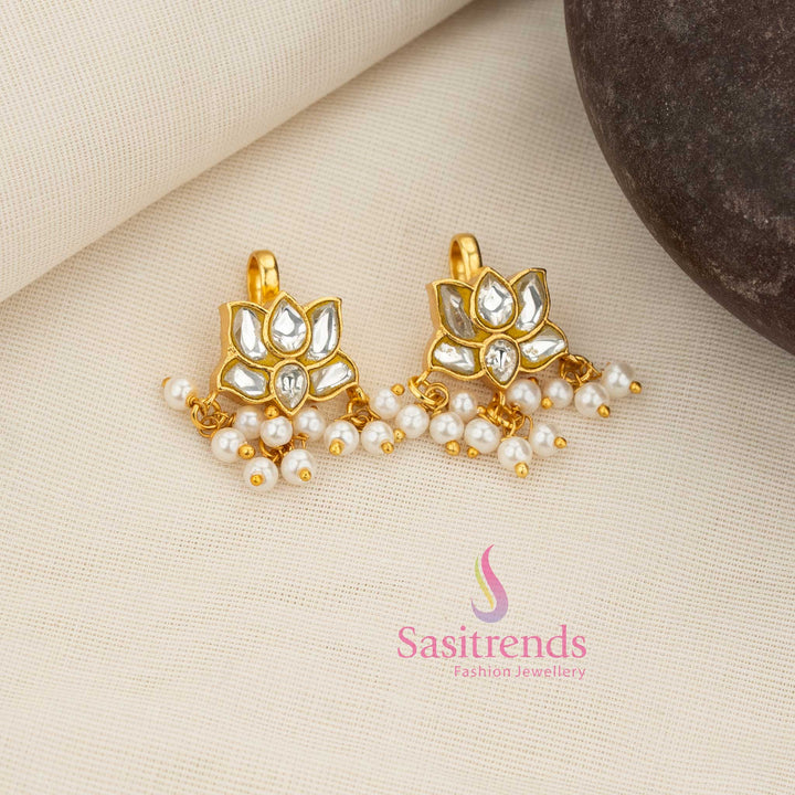 Exquisite 24K Jadau Kundan gold plated white lotus motif bugadi earcuff with elegant pearl hangings for graceful South Indian traditional jewellery styling – Sasitrends