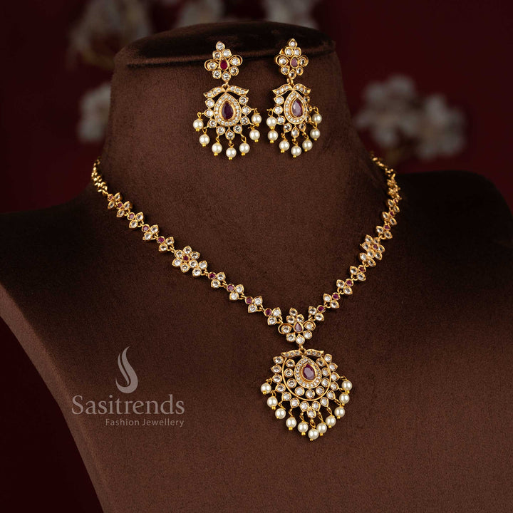 Brilliant white ruby designer floral AD stud earrings, elegant jewellery for festive saree outfits - Sasitrends